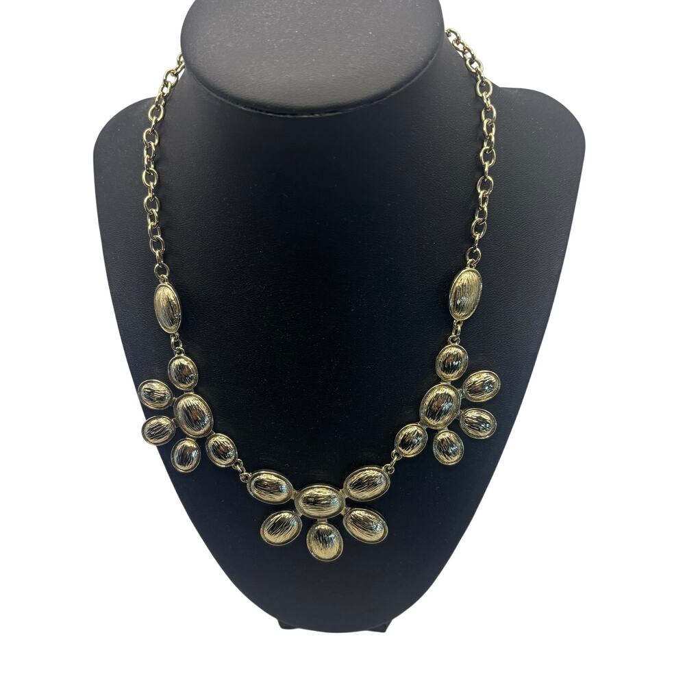Gold Tone Statement Necklace Textured Oval Floral Cluster Bib Adjustable